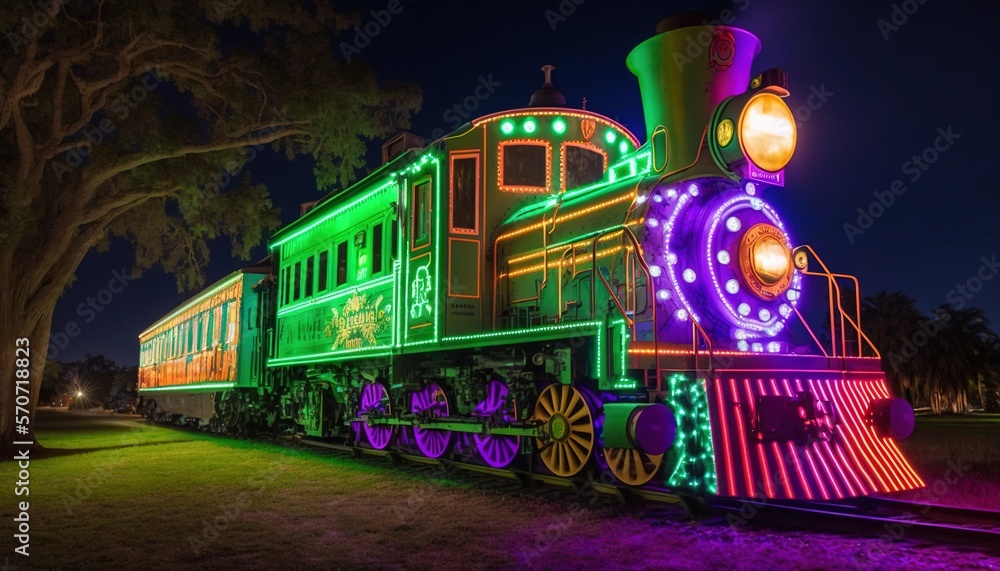  a colorful train is lit up at night with lights on the side of the train and on the side of the tra