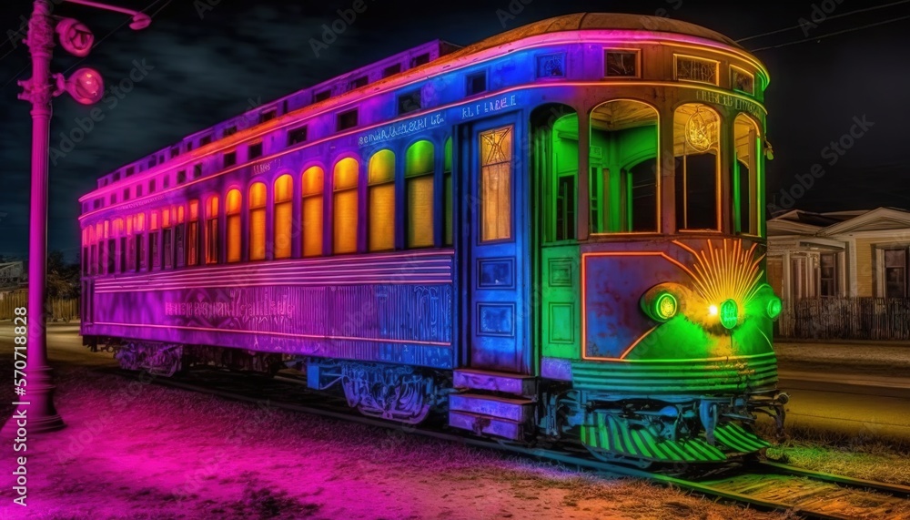  a colorful train car on the tracks with a street light in front of it and a street light in the bac