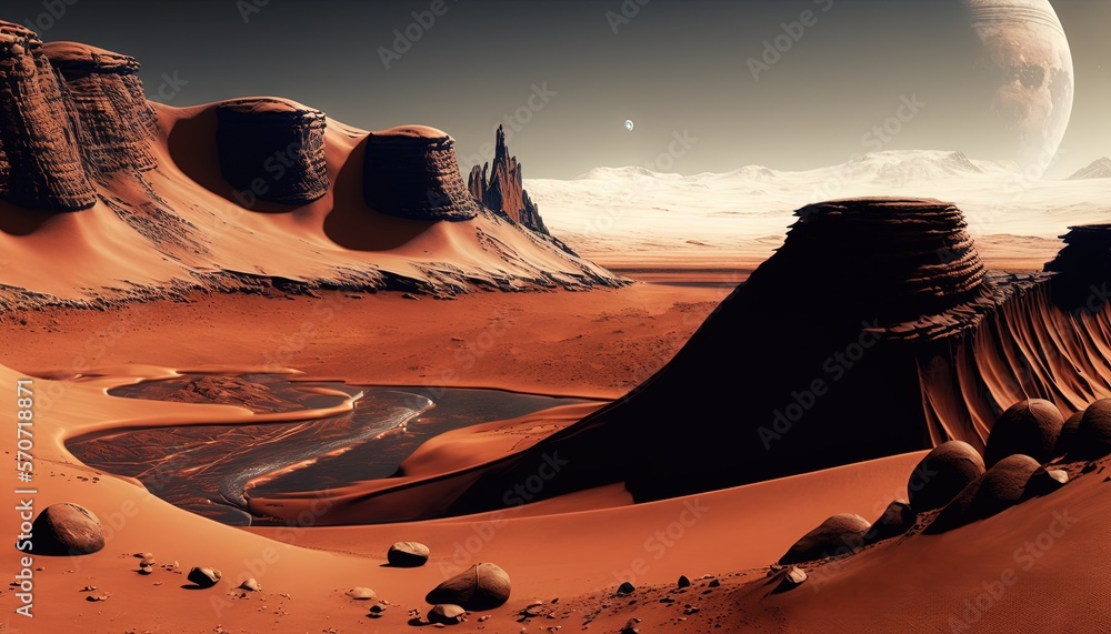  a computer generated image of a desert with a river in the middle of it and a distant planet in the