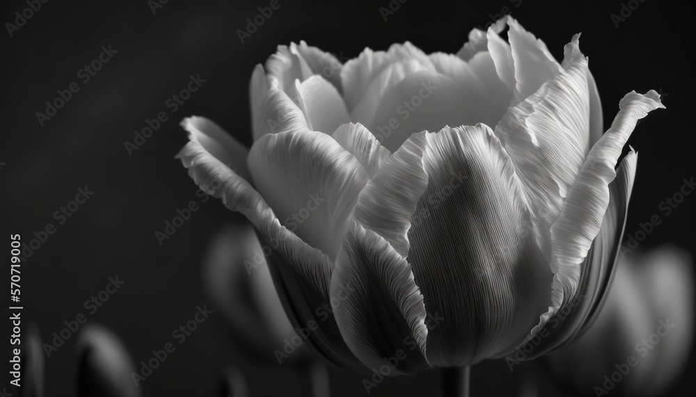  a black and white photo of a tulip in the middle of a row of other tulips in the background, with a