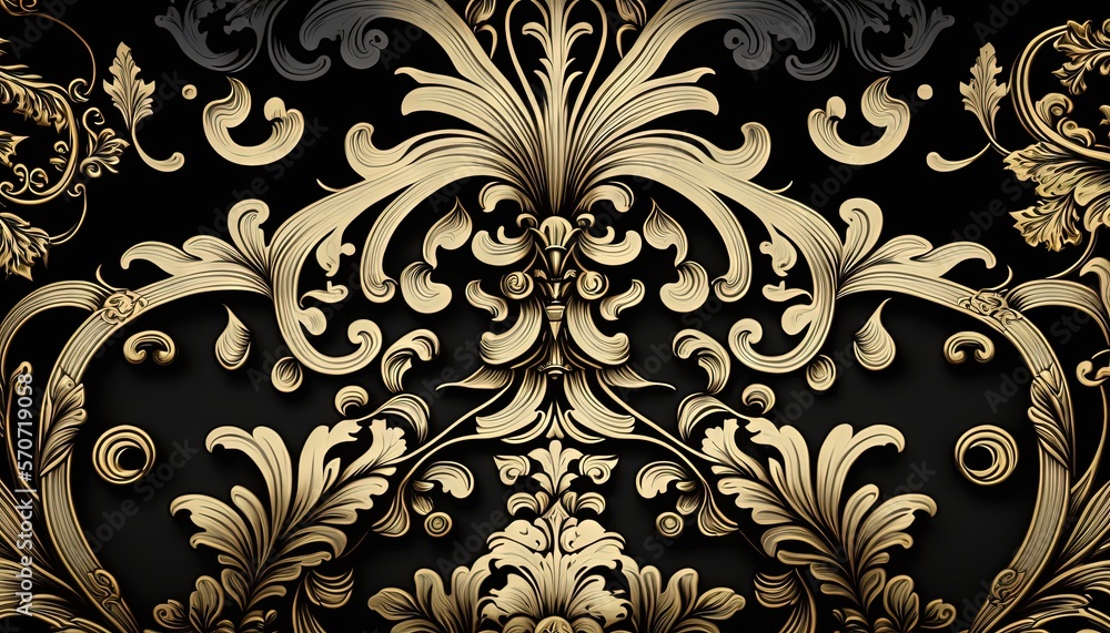  a black and gold wallpaper with a floral design on the side of the wall and a black background with