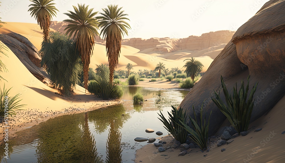  a painting of a desert scene with palm trees and a river in the middle of the desert with rocks and