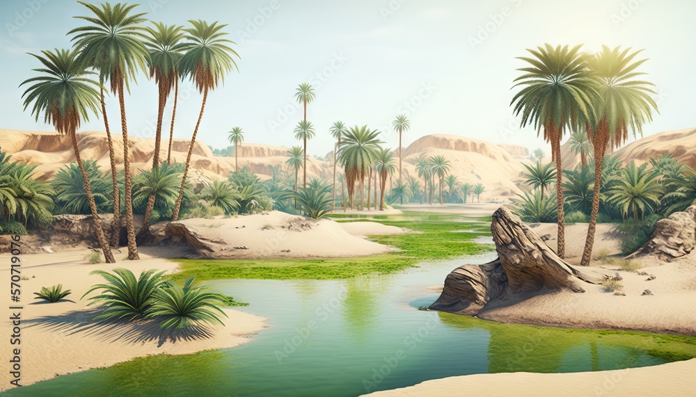  a painting of a desert with palm trees and a river in the middle of the desert, with a few rocks an