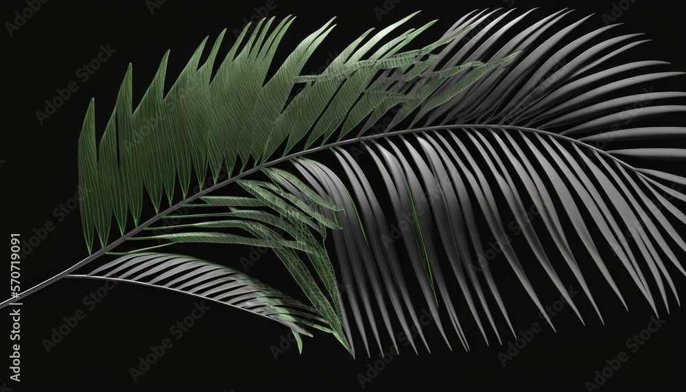  a palm leaf on a black background with a black background and a green palm leaf on the left side of