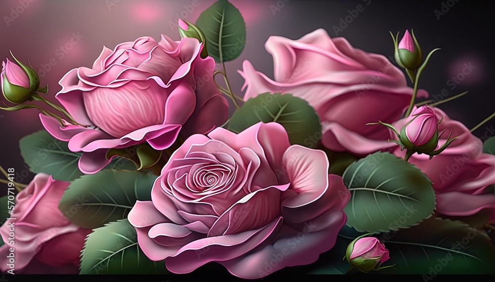  a bunch of pink roses with green leaves on a black background with a pink light in the middle of th