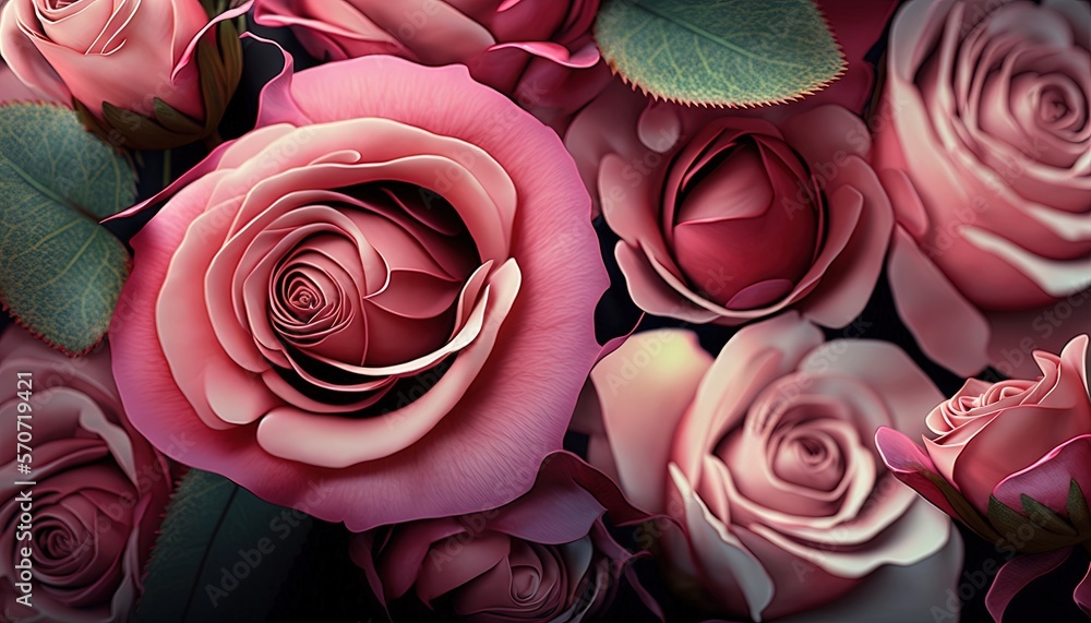  a bunch of pink roses with green leaves on a black background with a green stem and leaves on the t