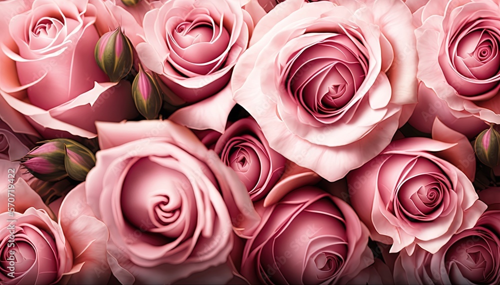  a large group of pink roses with green leaves and stems on a black background with a white border a