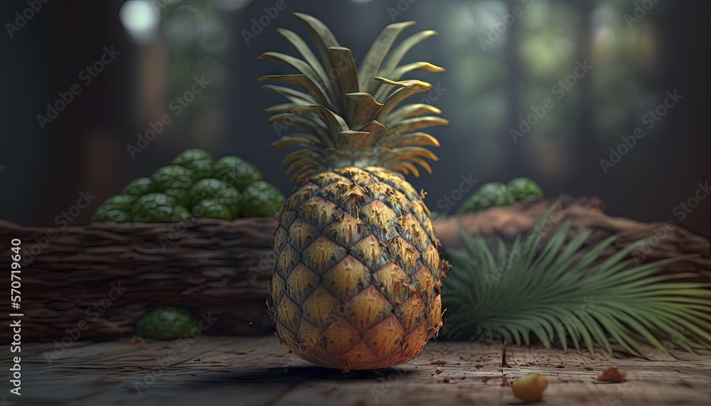  a pineapple sitting on a wooden table surrounded by plants and pineapples in a forest setting with 