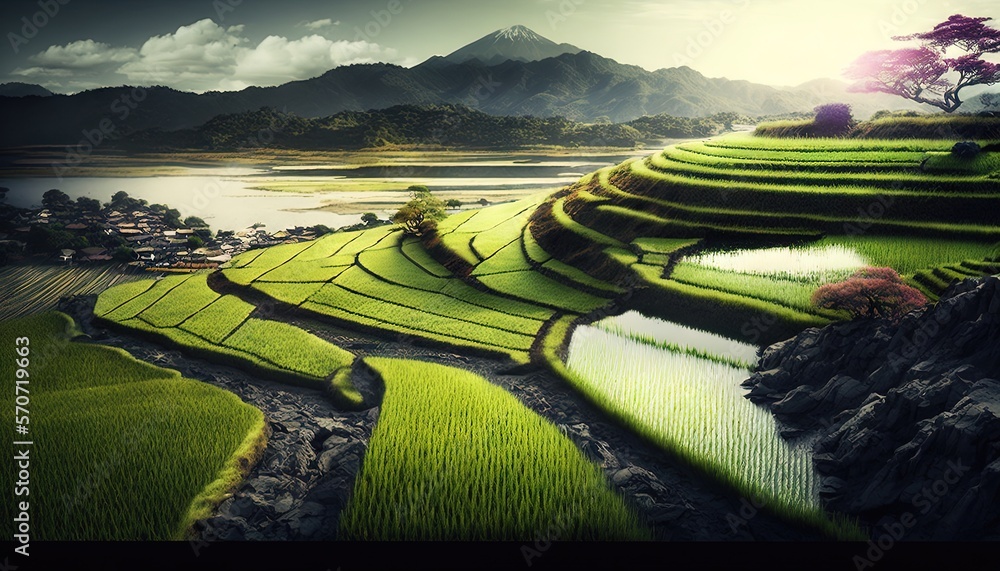  a landscape of rice fields and mountains with a lake in the middle of the field and a mountain in t