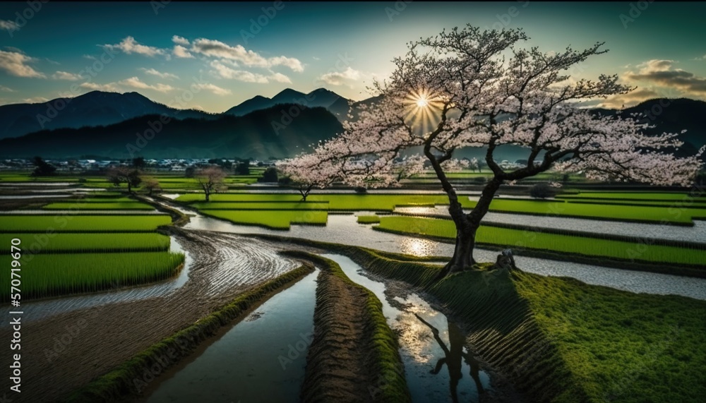  a tree in the middle of a rice field with a river running through it and mountains in the distance 