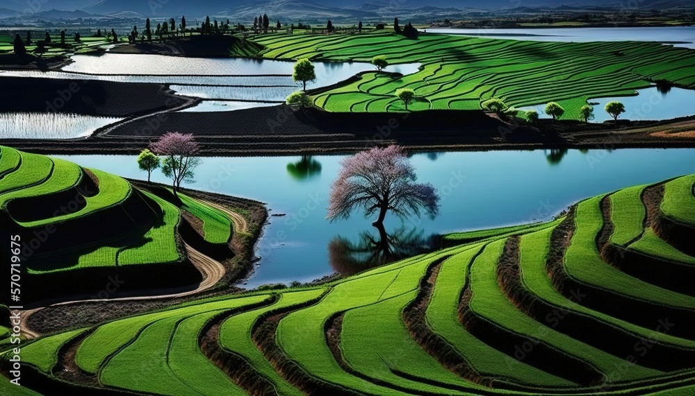  a green landscape with a lake and a tree in the middle of the picture and mountains in the backgrou