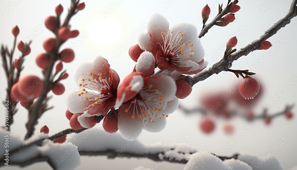  a branch of a flowering tree with snow on it and a sun shining in the distance in the distance, wit