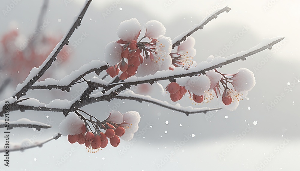  a branch of a tree covered in snow with red berries hanging from its branches and snow falling off