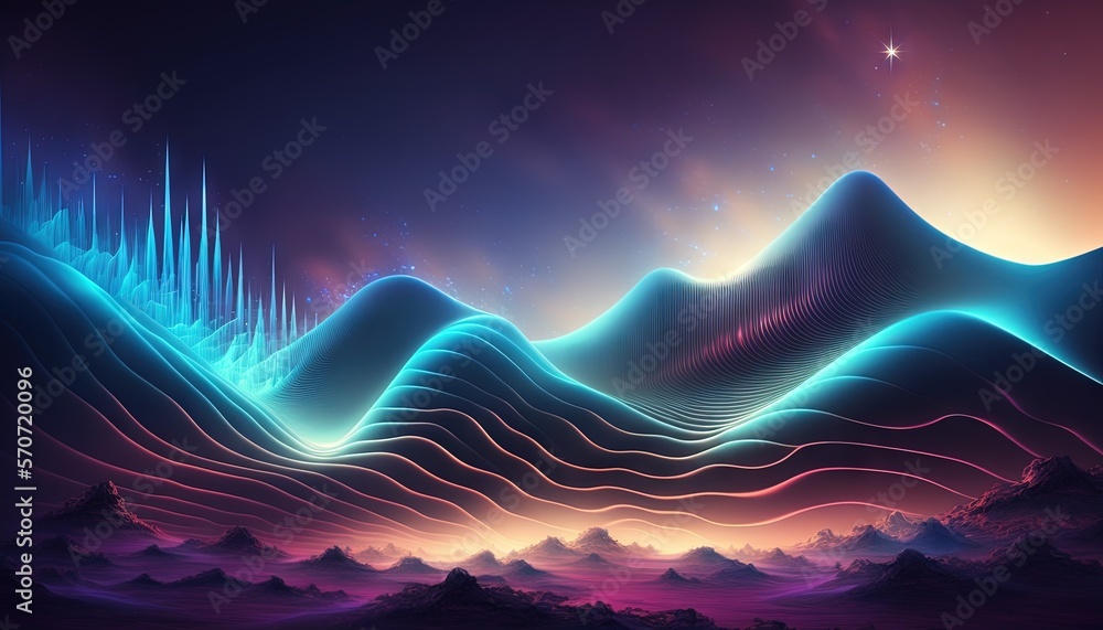  a computer generated image of a mountain range with a star in the sky above the mountain range is a