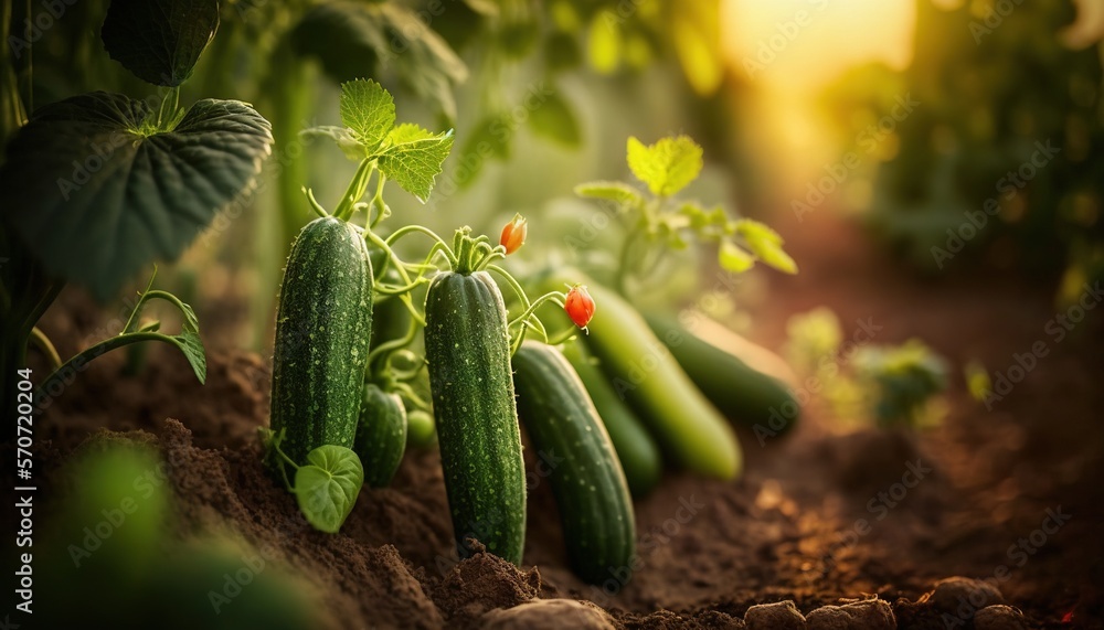  a group of cucumbers in a garden with green leaves and a red flower in the center of the picture, w