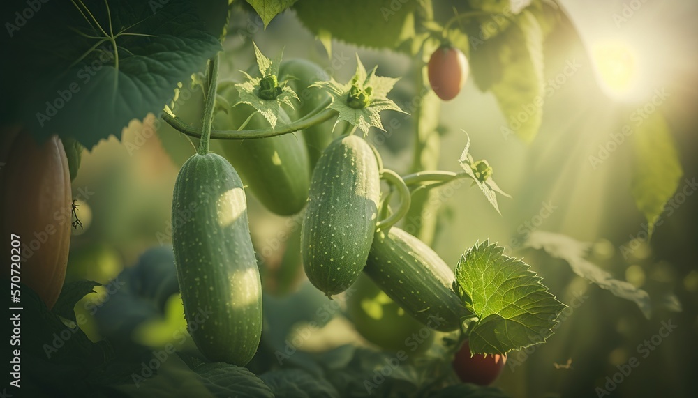  a bunch of cucumbers growing on a vine in a garden with sun shining through the leaves and a few re