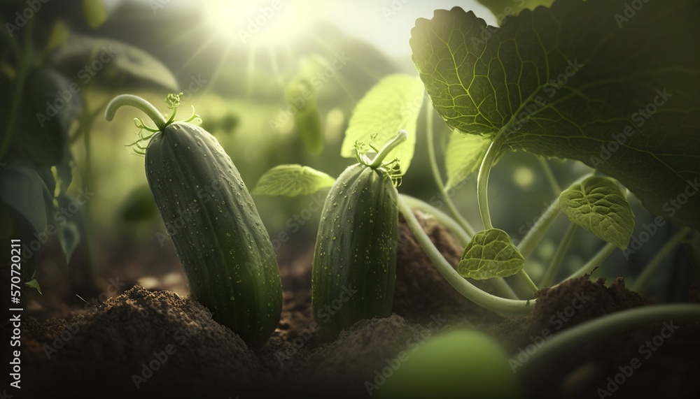  a couple of cucumbers that are in the dirt near some leaves and dirt on a sunny day in the sunlit g