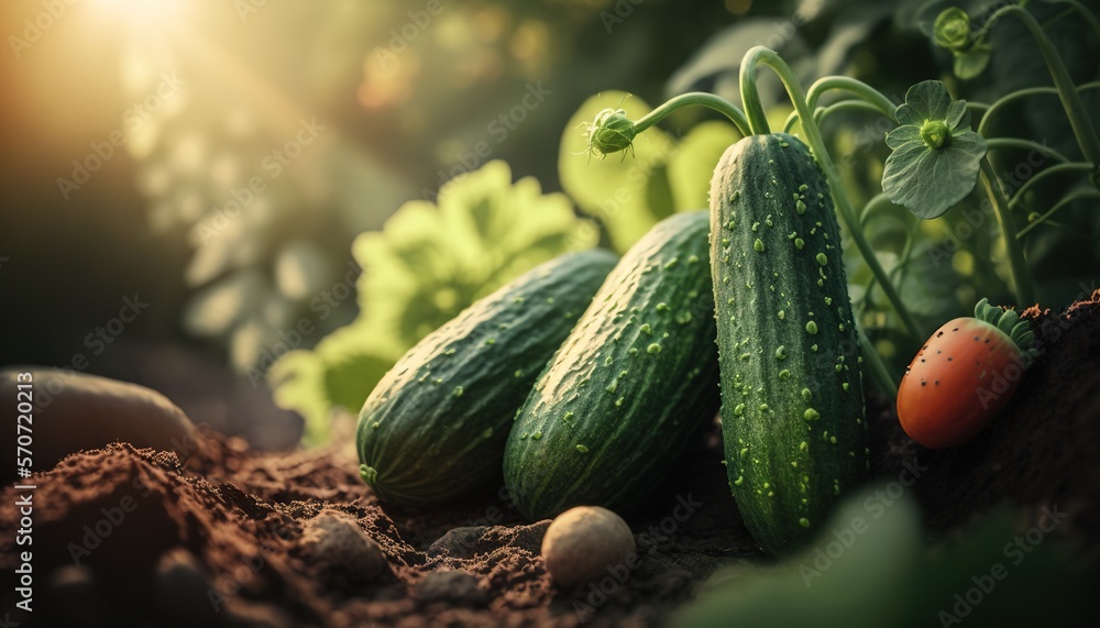  a group of cucumbers and other vegetables on a bed of dirt and dirt with a sun shining in the backg