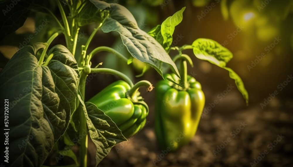  a group of green peppers growing on a plant in a garden with sunlight coming through the leaves and