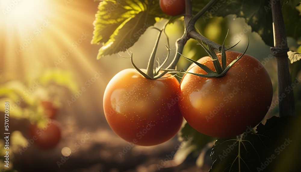  a close up of two tomatoes on a vine with the sun shining through the leaves and the sun shining th