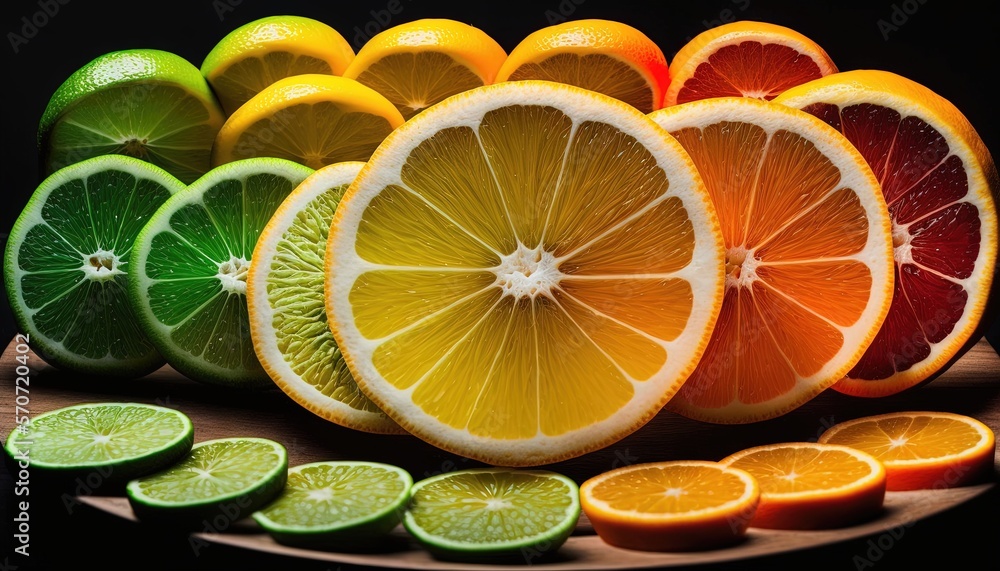  a group of citrus fruits cut in half on a plate with slices of orange, lime, and grapefruit on a bl