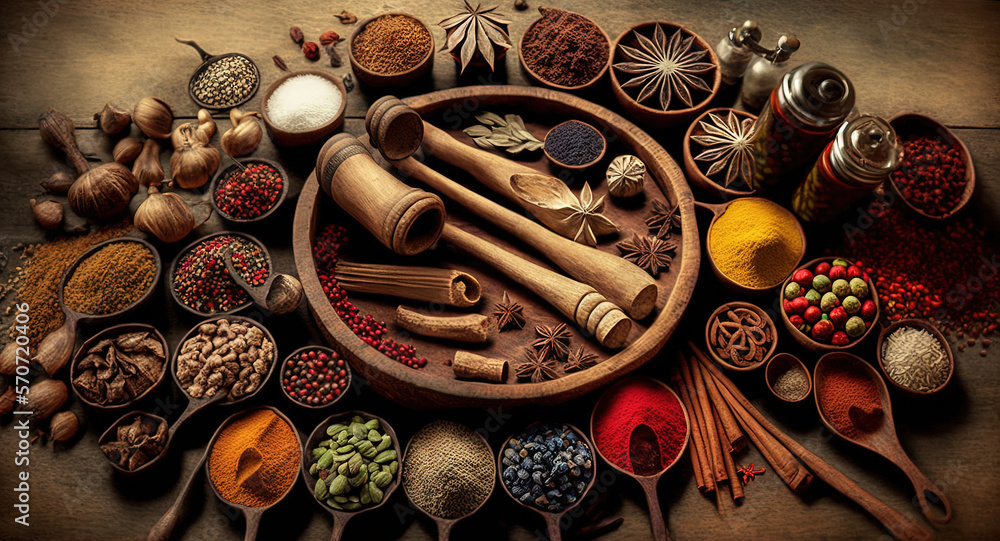  a wooden bowl filled with spices next to a pile of spoons and a bowl filled with different types of