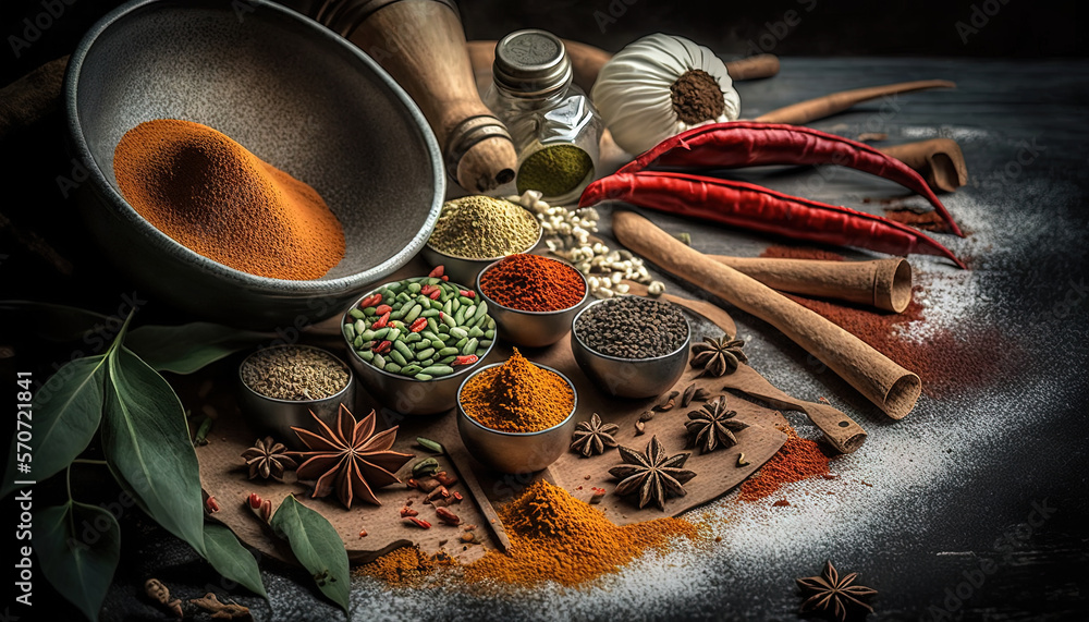  a variety of spices and spices on a table with spices and spices in bowls and spoons on the table, 