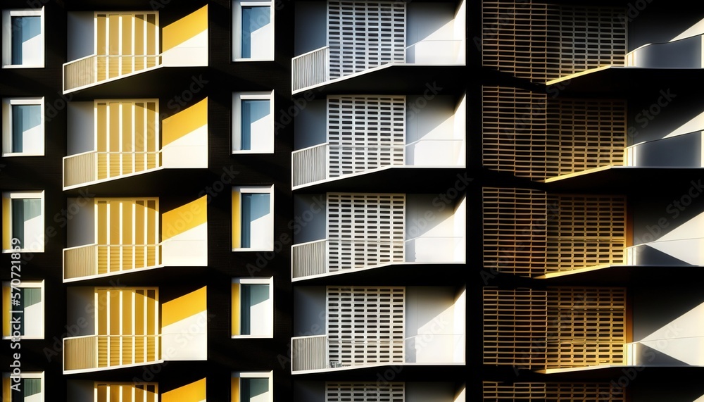  a building with many windows and shutters on the side of it with yellow and white shutters on each 