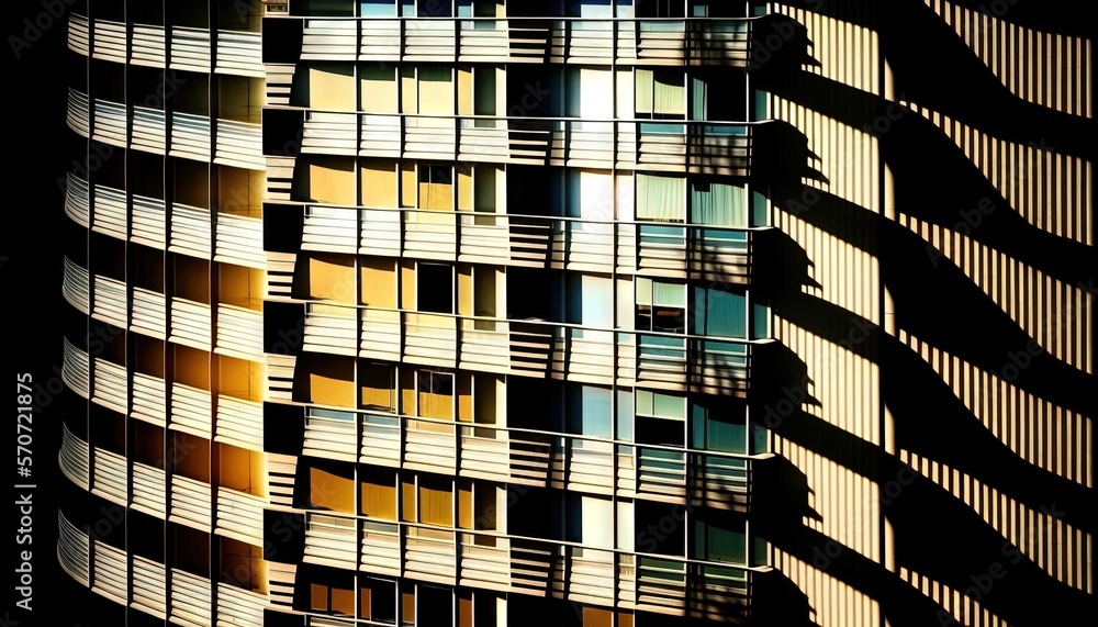  a tall building with lots of windows and balconies on the side of its sides and the sun shining th