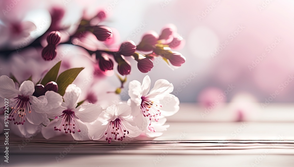  a close up of a bunch of flowers on a wooden table with a blurry background of pink and white flowe