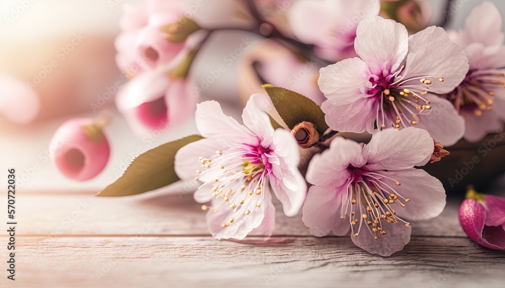  a close up of a bunch of flowers on a wooden table with a blurry background of pink flowers on the 