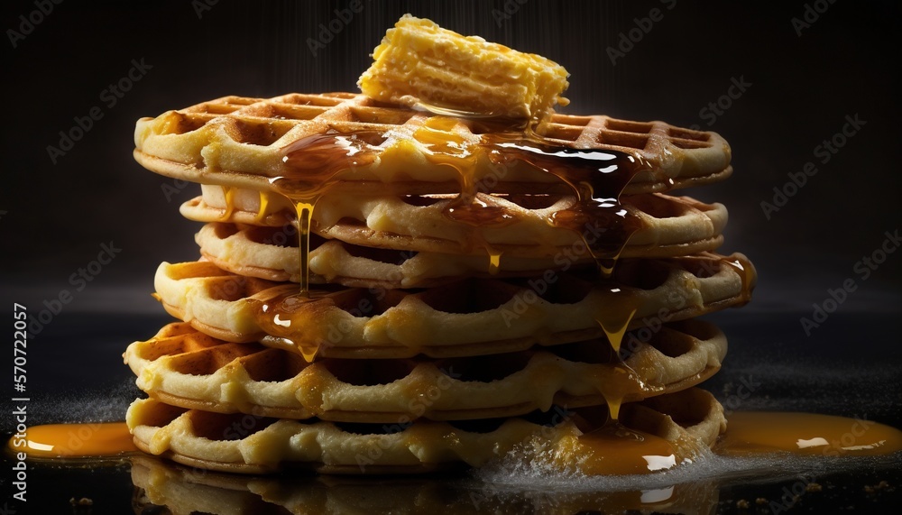  a stack of waffles with syrup and butter on a black surface with a black back ground and a black ba