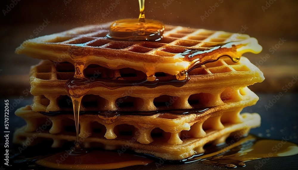  a stack of waffles with syrup being poured on top of them on a black surface with a yellow liquid s