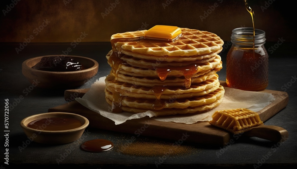  a stack of waffles sitting on top of a wooden cutting board next to a bowl of honey and a jar of ho