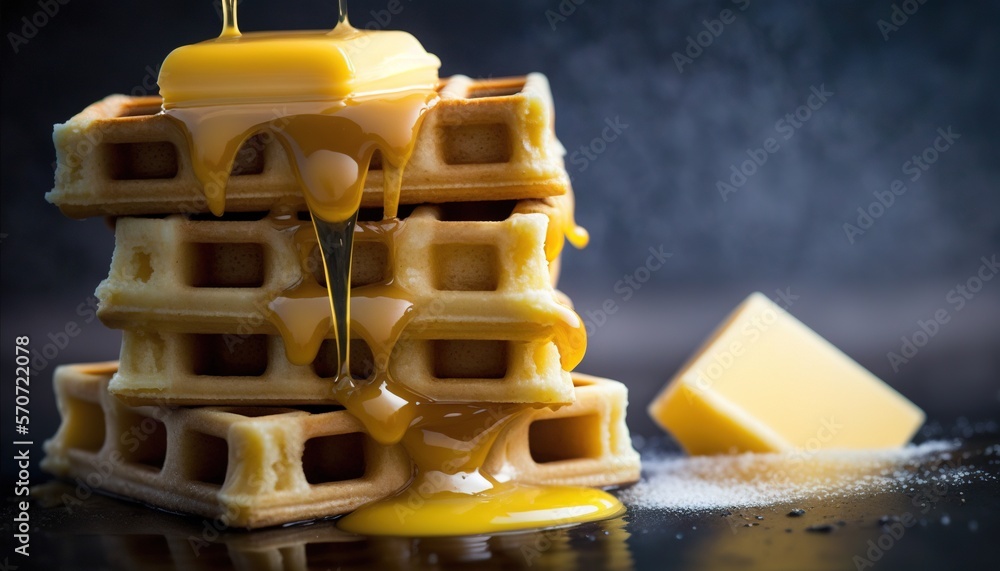  a stack of waffles with syrup on top of it and a butter cube on the side of the stack next to it an