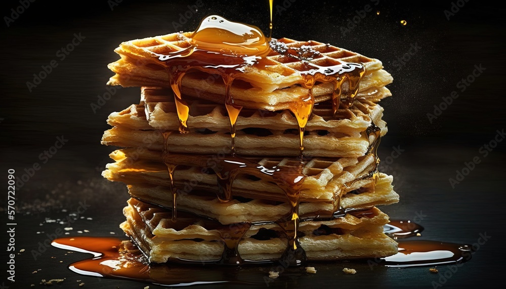  a stack of waffles with syrup on top of them on a black surface with a splash of caramel on top of 