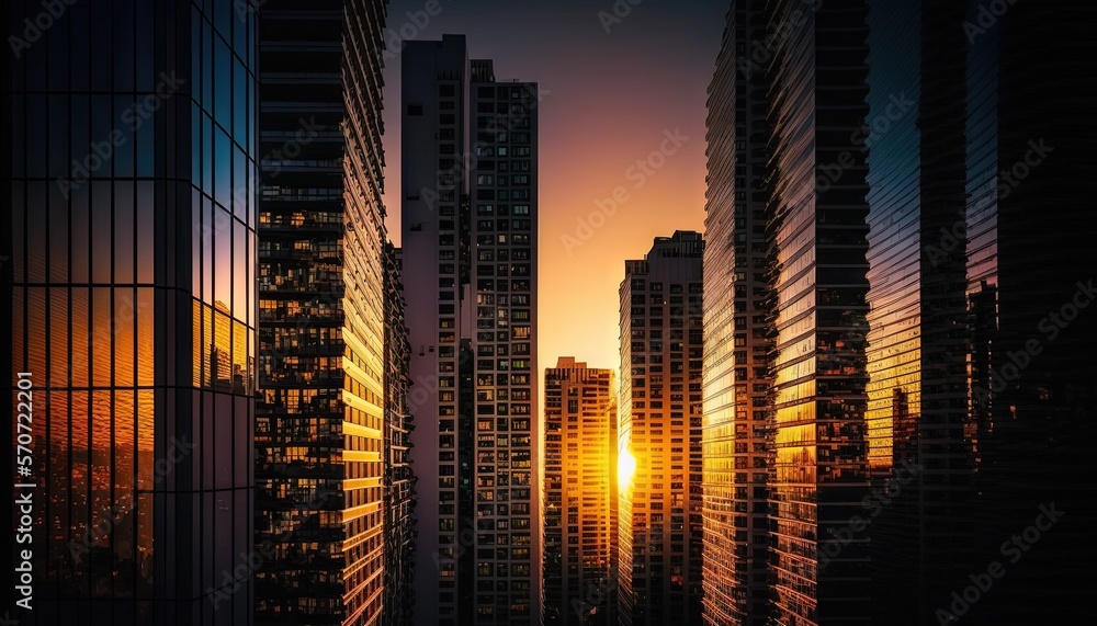  the sun is setting in a city with tall buildings in the foreground and skyscrapers in the backgroun