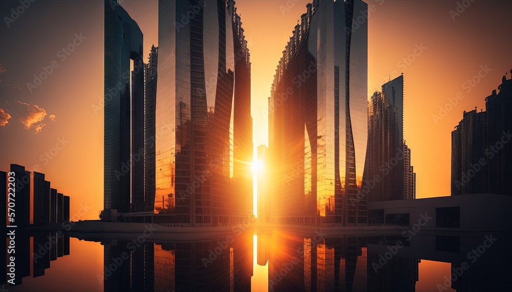  the sun is setting over a city with skyscrapers in the foreground and a body of water in the foregr