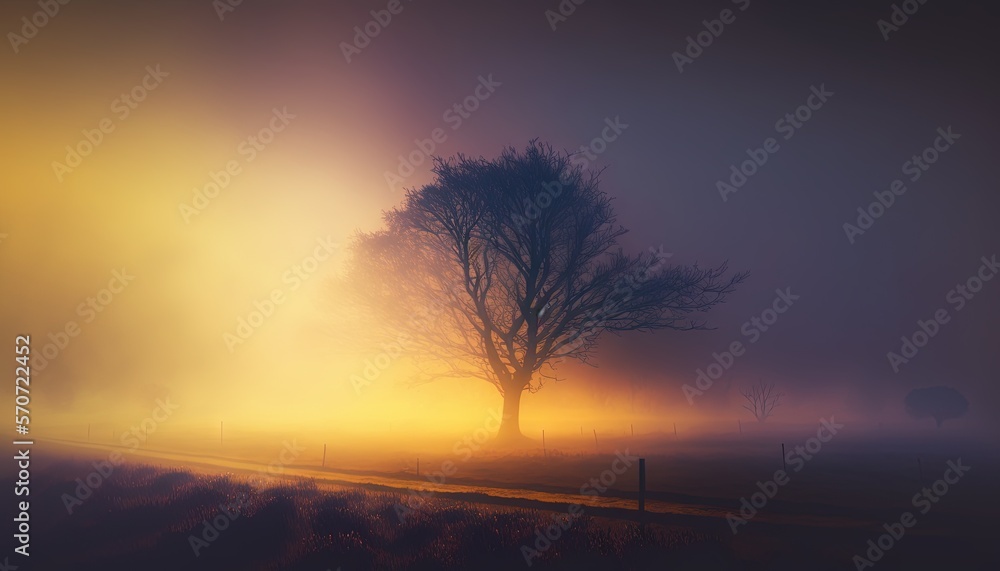  a foggy field with a lone tree in the middle of the field and a road in the foreground with a fence