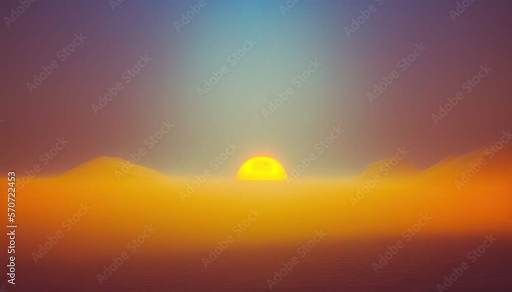  the sun is setting over the mountains in the distance, with a hazy sky in the foreground and a dist