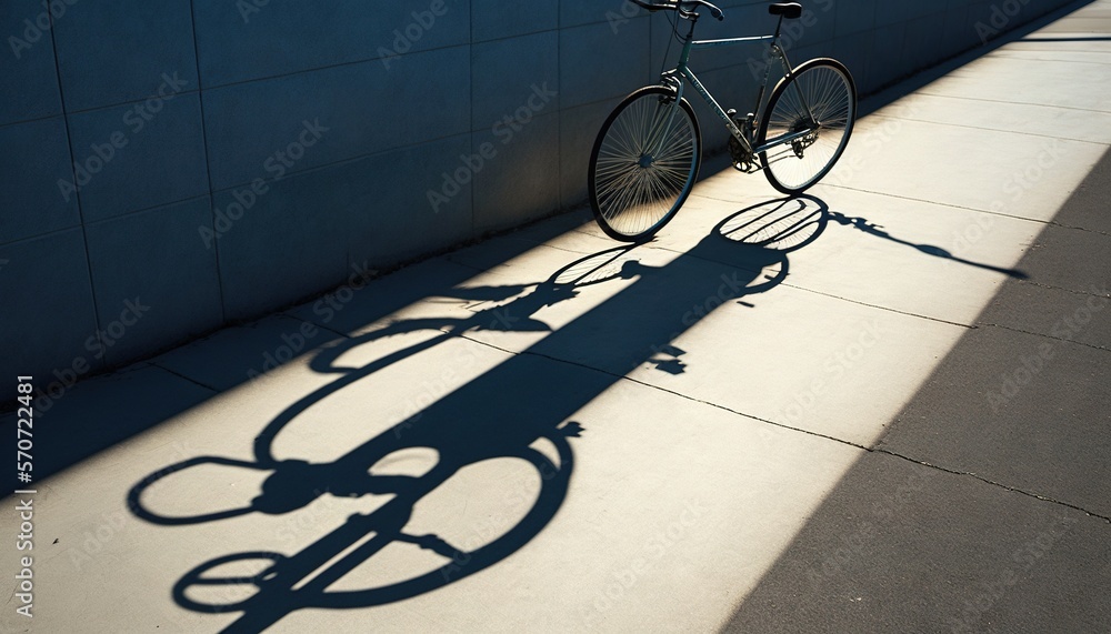  a bike casts a long shadow on the sidewalk next to a wall with a shadow cast on the sidewalk by the