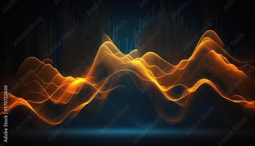  a computer generated image of a wave of orange and yellow colors on a black background with a blue 