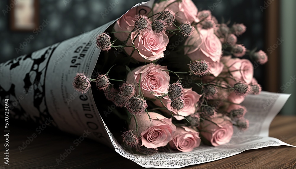  a bouquet of pink roses sitting on top of a wooden table next to a newspaper roll on a wooden table