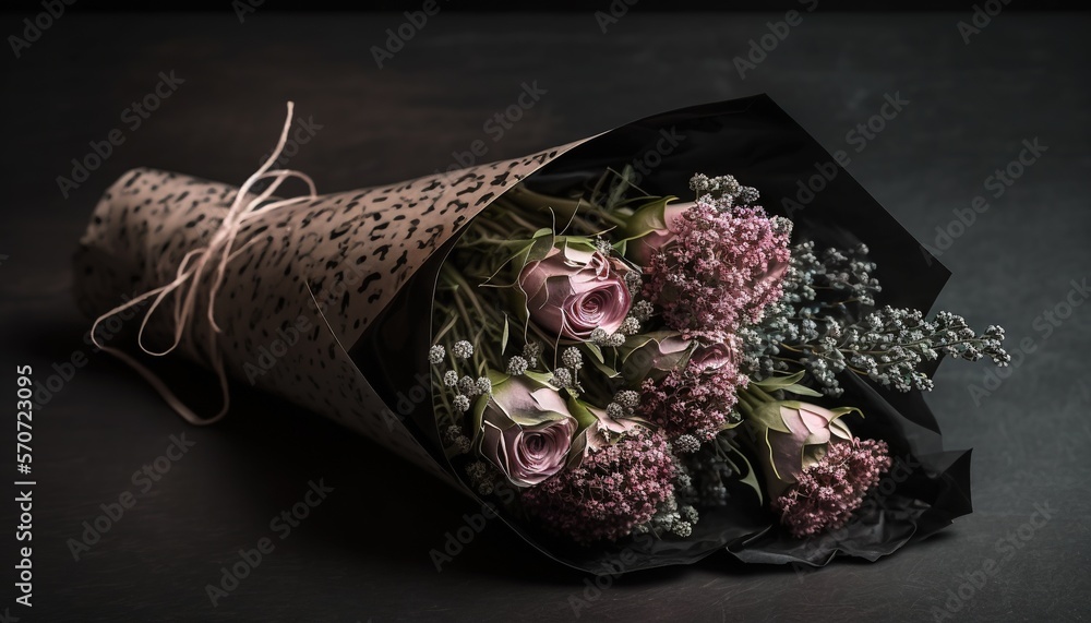  a bouquet of flowers wrapped in a black paper wrapper on a black tablecloth with a polka dot patter