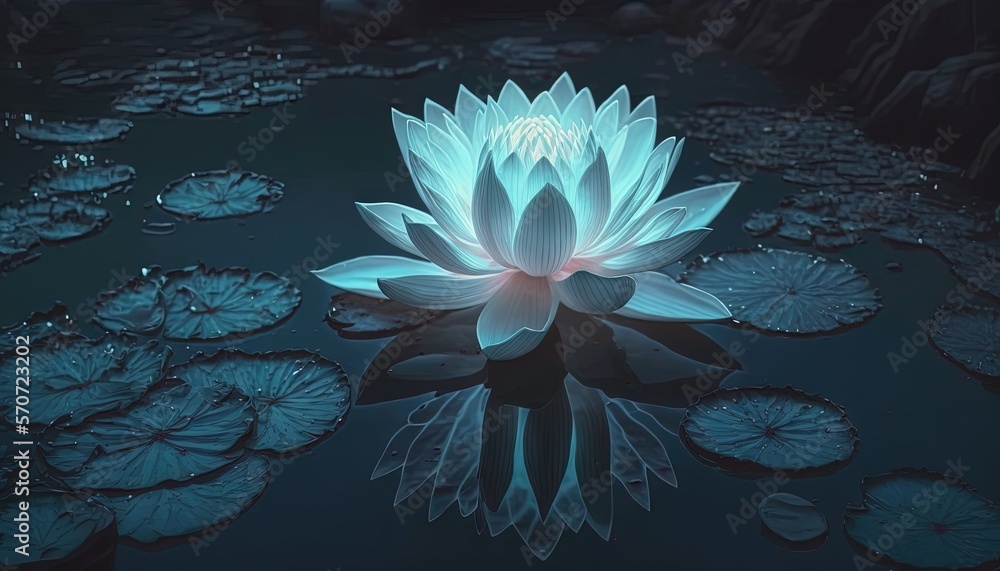  a large white flower sitting on top of a lake filled with water lilies and lily pads on top of a la