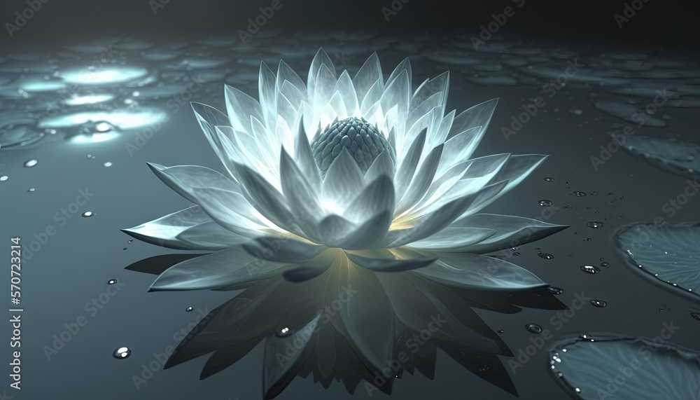  a large white flower floating on top of a body of water with lily pads on the bottom of the water a