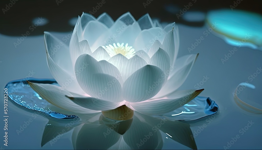  a large white flower floating on top of a body of water with drops of water on its side and a blue