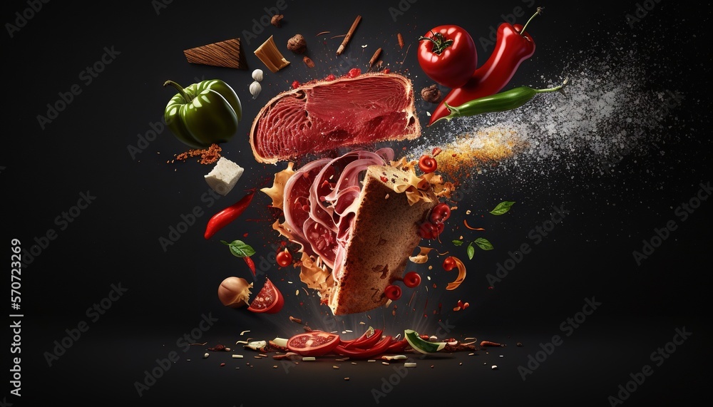  a piece of meat is being tossed with spices and pepper on a black background with a splash of salt 