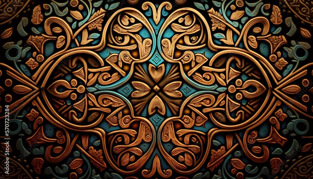  an intricate design with a blue and brown background and a brown background with a gold and blue de