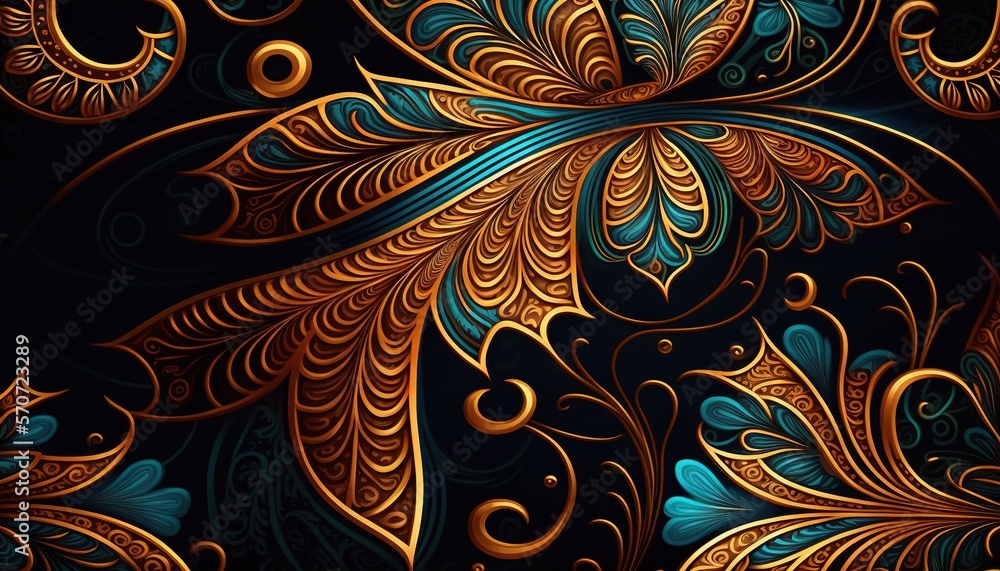  a blue and gold abstract background with swirls and leaves on a black background with a blue backgr